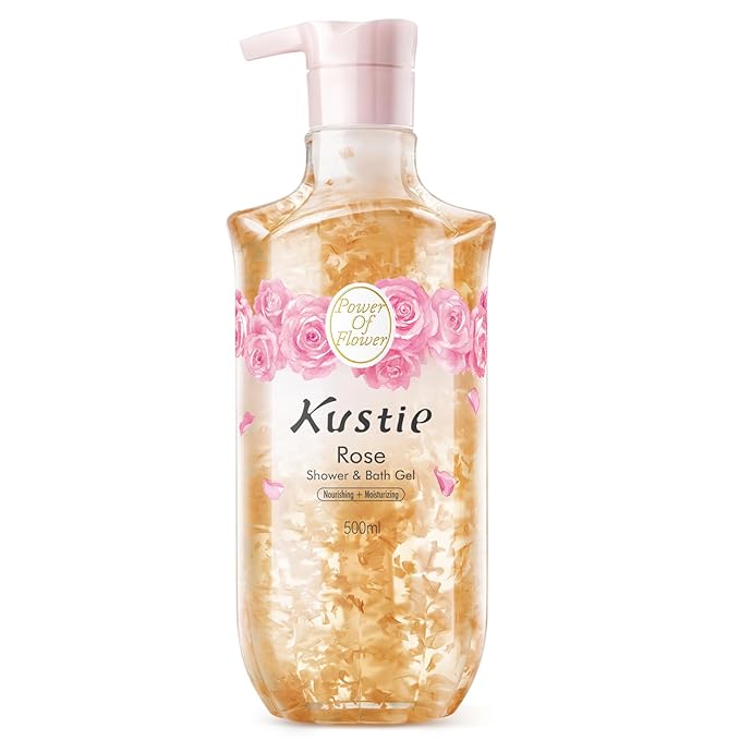 Kustie Rose Body Wash for Women – Moisturizing Shower Gel with Real Petals, Bulgarian Oil & Argan Oil – Hydrating Natural Cleanser for Sensitive Skin – 16.9 fl oz Pump