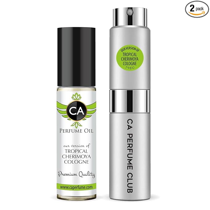 CA Perfume Duo Impression of Tropical Cherimoya Cologne For Women And Men Perfume Layering Set Long Lasting Travel Size EDP + Body Oil Roll-On Bottle 0.27 Fl Oz+0.33 Fl Oz