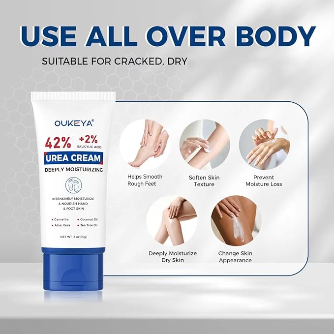OUKEYA Urea Cream 42 Percent with 2% Salicylic Acid, 3 Oz Foot & Hand Cream for Dry Cracked Heels, Deep Moisturizing & Softening Keratin Feet Cream, Nourishing Skin Care Lotion for Rough, Dry Areas