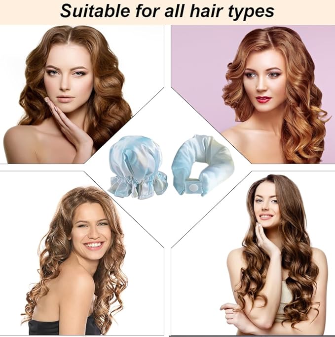 Satin Hair Rollers Set - 6 Heatless Curling Rods, Headband, and Cap for No Heat Curls on All Hair Types (Tie-dye Blue)