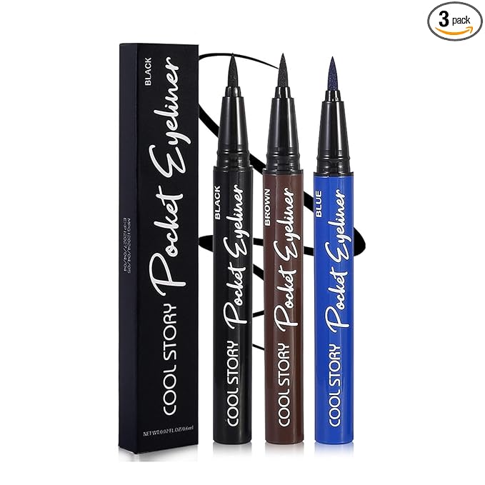COOL STORY 3 Color Waterproof Liquid Eye Liner, Stay All Day Makeup with Fine Brush Tip Lasting Satin Finish, Smudge-Proof & Transfer-Resistant Black Brown Blue