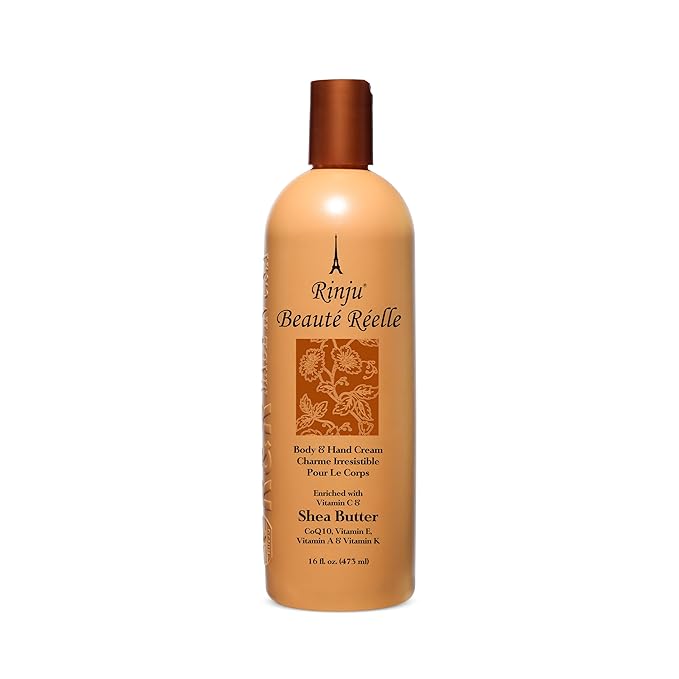 Rinju Beauté Réelle Body & Hand Cream - Non-Greasy Cream for Women & Men - 16 Oz Shea Butter Cream for Extremely Dry Skin - CoQ10, Vitamin E, A & K Moisturizer - Soothes, Caressed and Pampers Skin