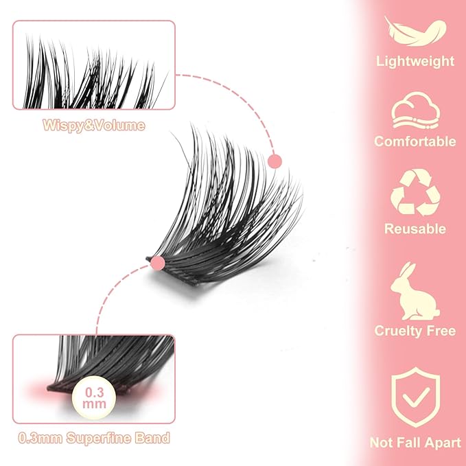 Lash Clusters Kit Magic Lashes Clusters Fluffy 10-18mm Volume Cluster Eyelash Extensions Kit 0.3mm Soft Band Wispy DIY Individual Lashes with Lash Bond and Seal, Remover, Tweezer