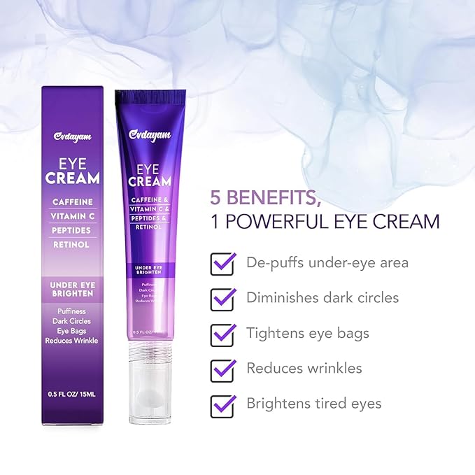 Caffeine Eye Cream for Under Eye Hydration (2 packs), Puffiness & Tired Looking Eyes –Lightweight Cooling Eye Balm with Caffeine, Peptides & Retinol –Daily Formula for Men & Women (15ml x 2)