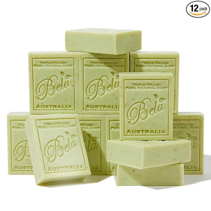 BELA Lemon Myrtle and Lemongrass Soap 3.3 OZ Pack of 12, Long Lasting French Triple Milled Bar Soap with Organic Shea Butter Hand, Face and Body Wash Bar, Made in Australia