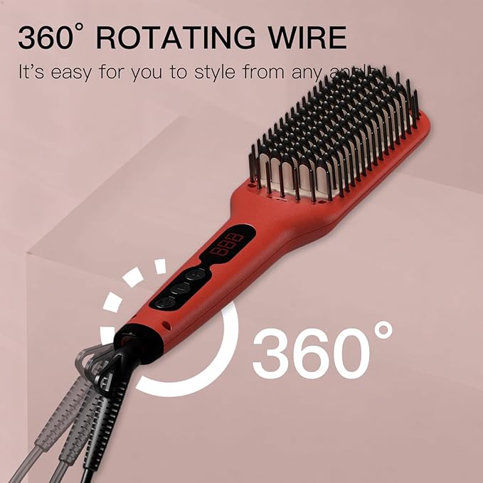 Megawise Pro Ceramic Ionic Hair Straightener Brush – Fast 20s Heating, Auto-Off, Anti-Scald, Dual Voltage, Rotatable Power Cord – Home Salon Styling (Tomato Red)