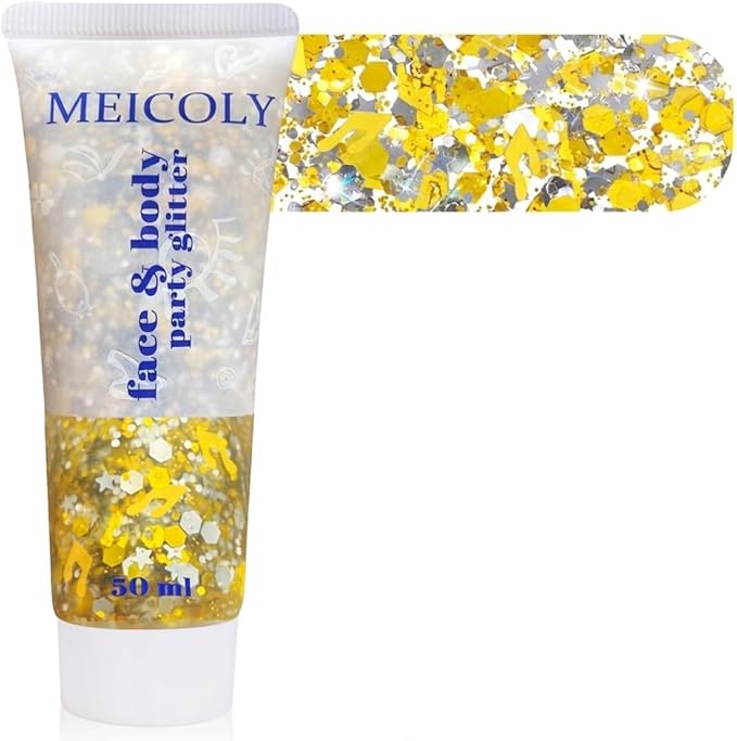 MEICOLY Face Glitter Makeup for Music Festival,Country Concert Outfits for Women, Holographic Gold Silver Purple Body Glitter,Halloween Party Accessories Self-Adhesive Glitter Face Paint,50ml
