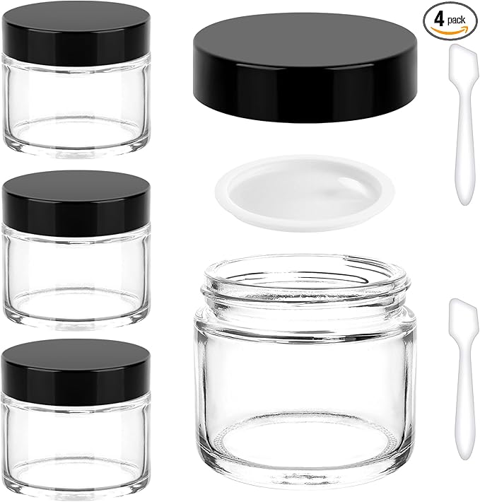 Accmor 2 OZ Glass Jars with Black Lids, 4 Pack Empty Cosmetic Containers Round Glass Travel Jars with Inner Liners & Spatulas, Leak Proof Makeup Sample Container for Storing Lotions, Cream, Ointments