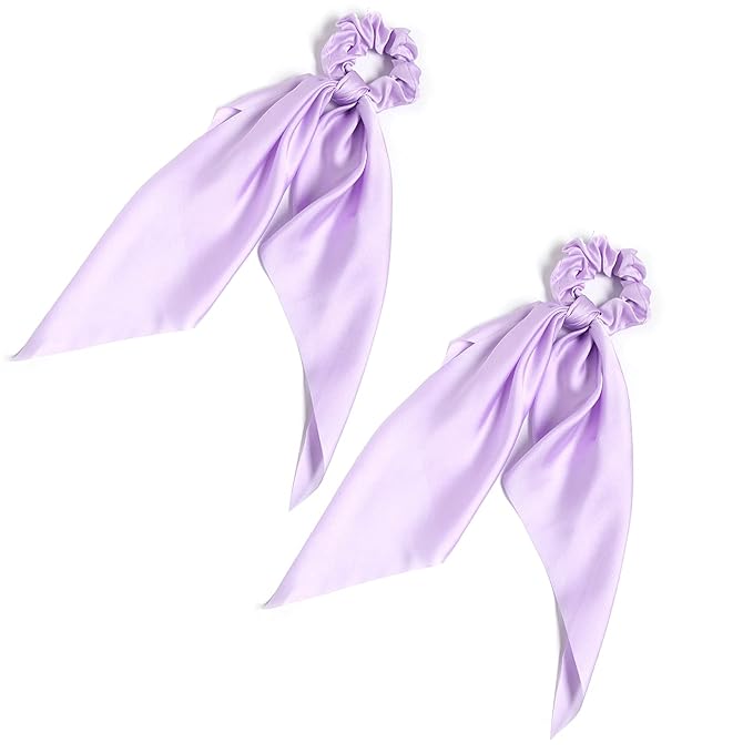 Pack of 2 Knotted Bow Hair Scrunchies Elastic Hair Scarf Hair Ties Bands Satin Hair Ribbon Scrunchy Ponytail Holder for Women and Girls, Hair Scarf Scrunchies, Hair Accessories (Lilac)
