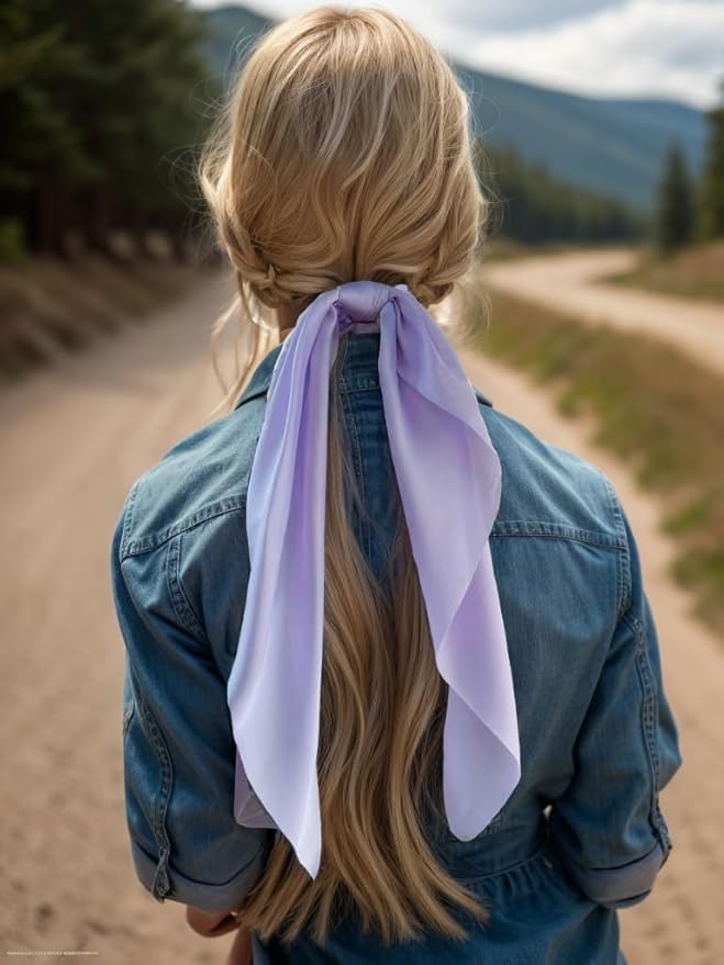 Pack of 2 Knotted Bow Hair Scrunchies Elastic Hair Scarf Hair Ties Bands Satin Hair Ribbon Scrunchy Ponytail Holder for Women and Girls, Hair Scarf Scrunchies, Hair Accessories (Lilac)