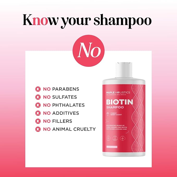 Fruity Biotin Shampoo for Thinning Hair - Volumizing Shampoo for Fine Hair with B Vitamins Rosemary Pomegranate & Strawberry Oils - Paraben Silicone and Sulfate Free Vegan Formula (16 Fl Oz)