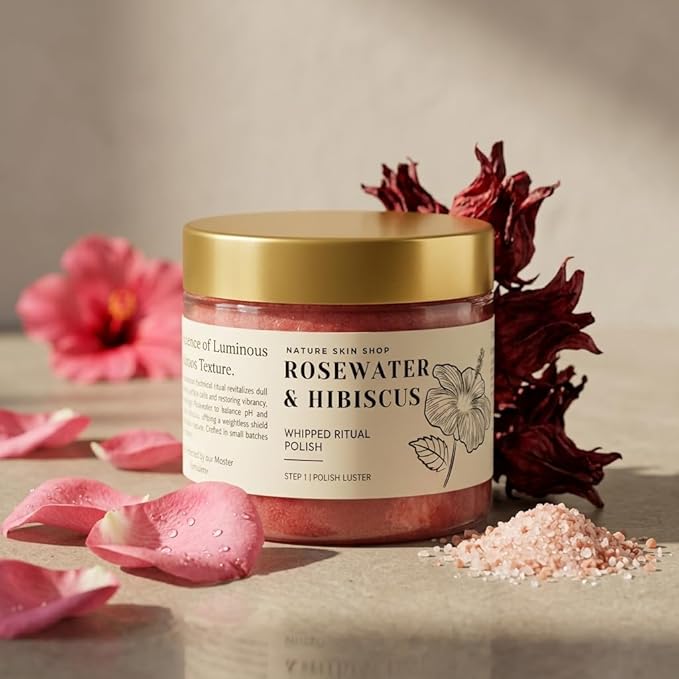 Nature Skin Shop Rosewater & Hibiscus Whipped Ritual Polish – Brightening & Hydrating Exfoliating Body Scrub, 8oz