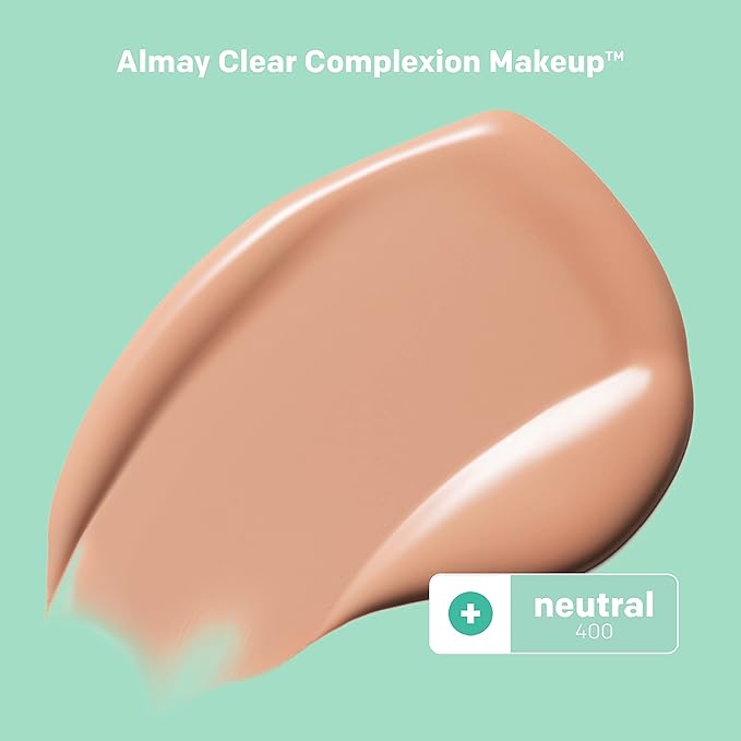 Almay Clear Complexion Acne Foundation Makeup with Salicylic Acid - Lightweight, Medium Coverage, Hypoallergenic, Fragrance-Free, for Sensitive Skin, 400 Neutral, 1 fl oz. (Pack of 4)
