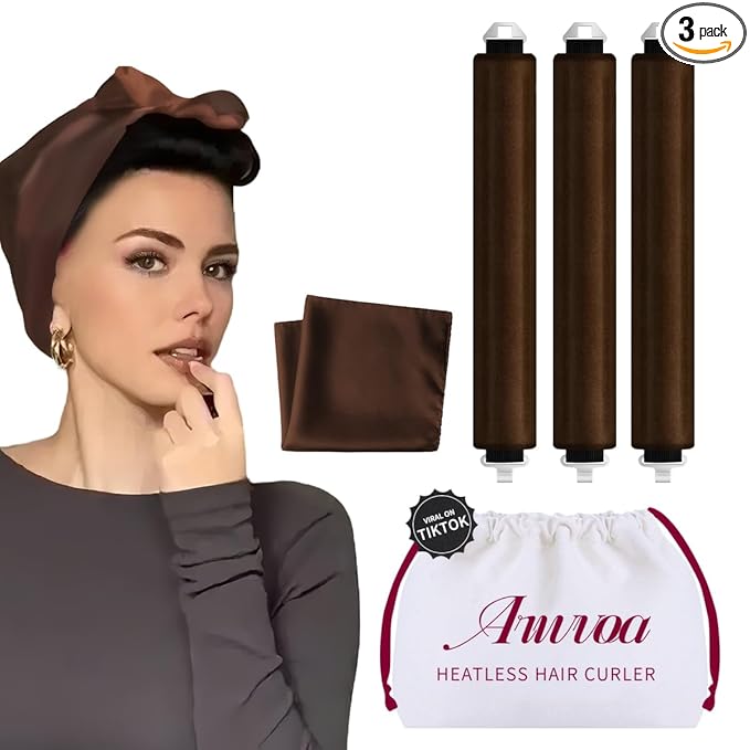Heatless Hair Curler Heatless Curls Overnight Heatless Blowout with Luxury Cloth Bag Silk Scarf, Curling Rod Headband to Sleep in No Heat Curling with (Brown, 3Rods)