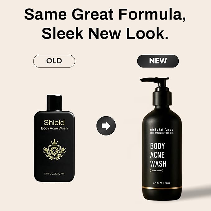 Shield Body Acne Wash for Back, Chest & Shoulders - Men's 10% Benzoyl Peroxide Body Wash, Clears Breakouts & Acne Scars – Unscented with Niacinamide, Glycolic Acid & Ceramides, 8.5 oz
