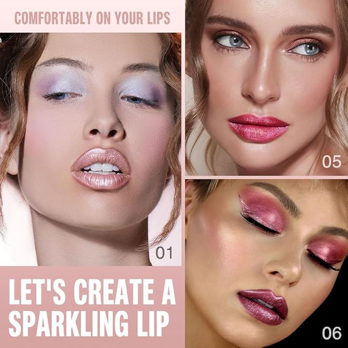 evpct 3Pcs Pink Rose Red Plum Purple Shimmery Metallic Lip Liner and Lipstick Combo, Cone Tip Lip Crayon for Women Long Lasting Waterproof, Shinny Hydrating Lipstick Makeup, Glitter Lips Liner Pencil