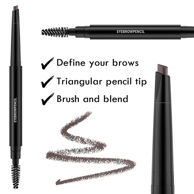 Eyebrow Pencil - Makeup Waterproof Brow Pencil with Triangular Tip, Dual-Sided Brow Brush, Precise, Fine Tip, Fills Brows Creates Natural Looking Brow, with Hair Clips - Brown