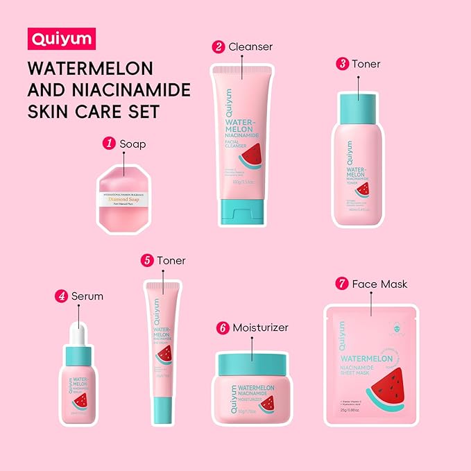 QUIYUM Watermelon Skin Care Kit for Teens Girl, 8 Daily Routine Beauty Skincare- Gift Set with Cleanser, Toner, Eye Cream, Moisturizer, Serum, Facial Mask, Soap, Hydrate, Oil Control, Glow, Smooth