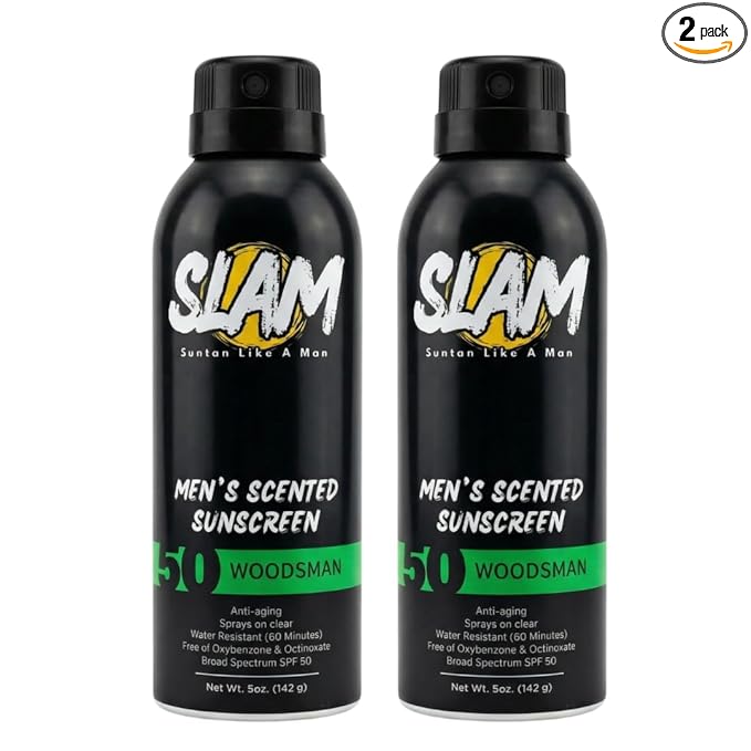 SLAM Men’s Sunscreen SPF 50 Spray - Broad Spectrum UVA/UVB Protection - Non-Greasy & No Harsh Chemicals - WoodsMan Sandalwood Teakwood Bergamot Cologne Scented - 2 Pack