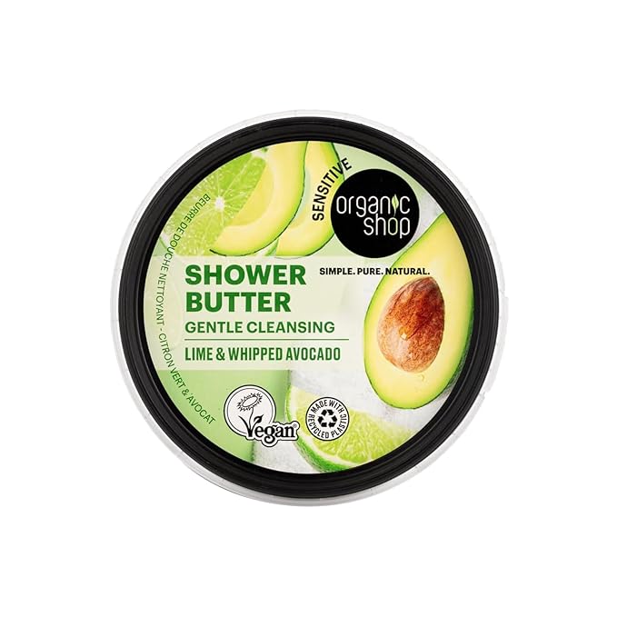 Organic Shop Shower Butter Whipped Avocado & Lime, 99% Natural, COSMOS Natural, Vegan Body Wash, Moisturizing Shower Cream, Gentle pH Balanced Cleanser, Paraben Free, Made in Europe, 8.5 fl oz