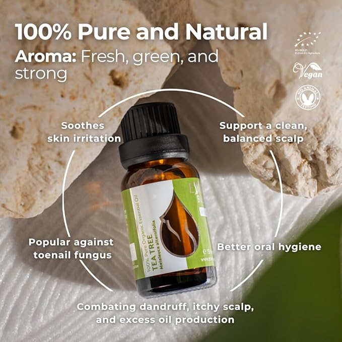 Essences Bulgaria Organic Tea Tree Essential Oil 0.51Fl Oz 15ml Melaleuca Alternifolia - 100% Pure and Natural Undiluted for Toenail Fungus, Dandruff Itchy Scalp Acne Skincare Aromatherapy Diffuser