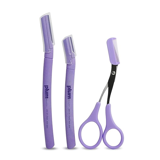 Plum Beauty Eyebrow Shaping Set – Complete 3-Piece Grooming Kit with 2 Folding Razors & Precision Trimming Scissors with Brush - Painless Brow Definition & Maintenance