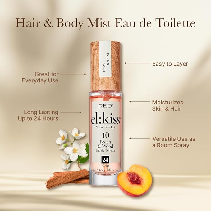 EL:KISS Hair Perfume & Body Mist, Peach & Wood Inspired by Tom F Bitter Peach, Eau de Toilette 30mL (1.01 Fl Oz), Hydrating & Long-Lasting, Alcohol & Mineral Oil-Free, Jojoba, Argan Oil & Aloe Vera