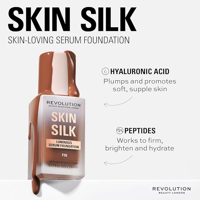Revolution Skin Silk Radiant Satin Serum Foundation, Buildable Coverage with Hydrating Hyaluronic Acid for a Natural Finish, Vegan & Cruelty-Free, F7NC Light Skin Tones, 0.77 fl oz