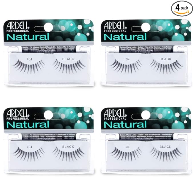 Ardell Natural Lashes False Eyelashes, 104 Black - Reusable, Lightweight, Wispy Strip Lashes for a Natural & Dramatic Look, 4 Pack