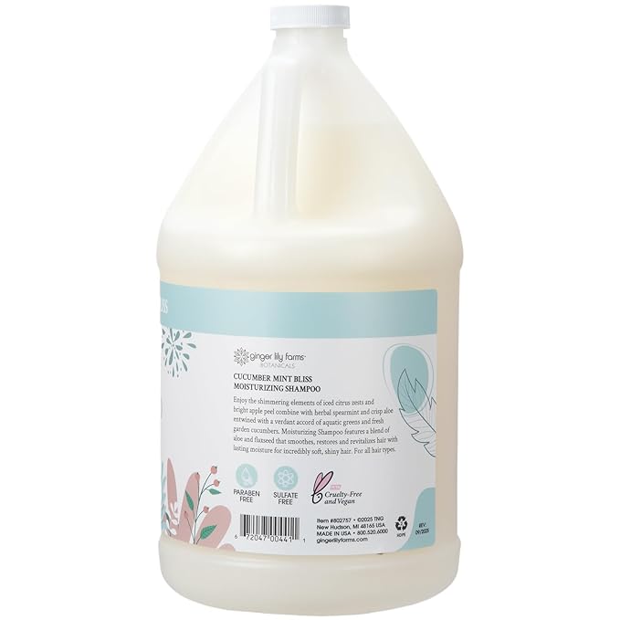 Ginger Lily Farms Botanicals Moisturizing Shampoo for All Hair Types, 100% Vegan & Cruelty-Free, Cucumber Mint Bliss Scent, 1 Gallon (Pack of 4)