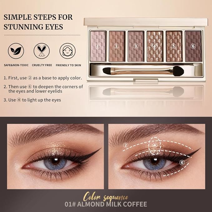Pink Brown Matte Shimmer Eyeshadow Palette, 6 Color High Pigment Blendable Eye Shadow Makeup for Older Women, Lightweight Travel Size, Suitable for All Eye Shapes, Vegan Cruelty-Free Daily Look 01#
