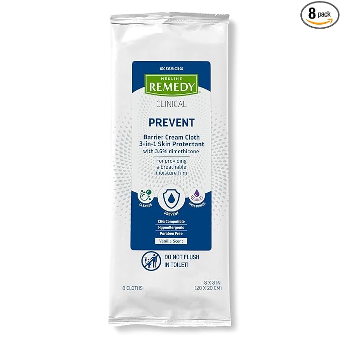 Medline Remedy Clinical 3-in-1 Barrier Cream Cloth, 8 count (1 Pack), 8 x 8 in Adult Wet Wipes, Vanilla Scent, Incontinent Care, Dimethicone, Irritated Skin, Soothing, Nourishing, Gentle