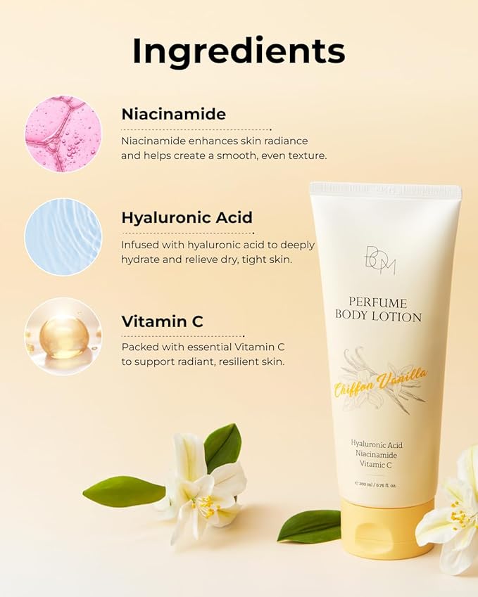 BOM Chiffon Vanilla Perfume Body Lotion 6.76 Fl Oz, Vanilla Scented Body Cream with Hyaluronic Acid, Niacinamide & Vitamin C, Long-Lasting Moisture & Fragrance, Non-Sticky & Smoothing, Korean Skincare