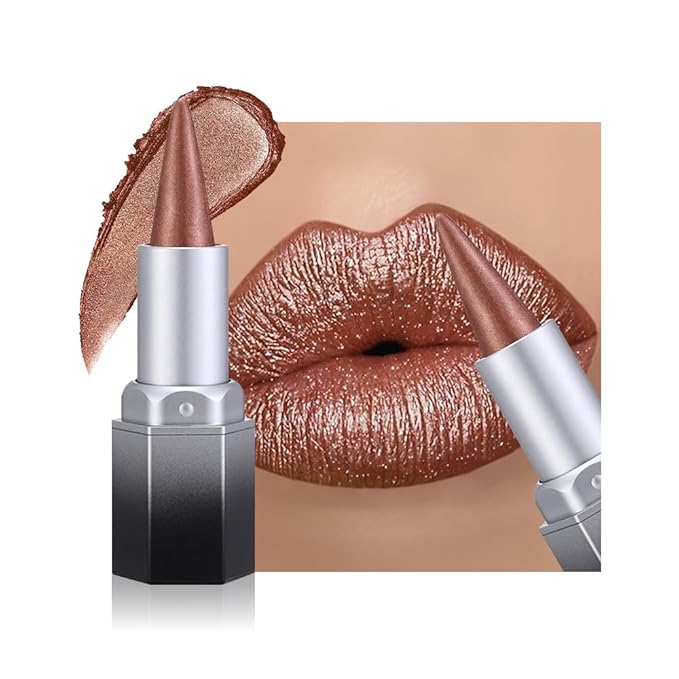 evpct Copper Shimmery Metallic Lip Liner and Lipstick Combo, Cone Tip Lip Crayon for Women Long Lasting Waterproof, Metal Shinny Hydrating Lipstick Makeup, Glitter Lips Liner Pencil for Shimmery Shade
