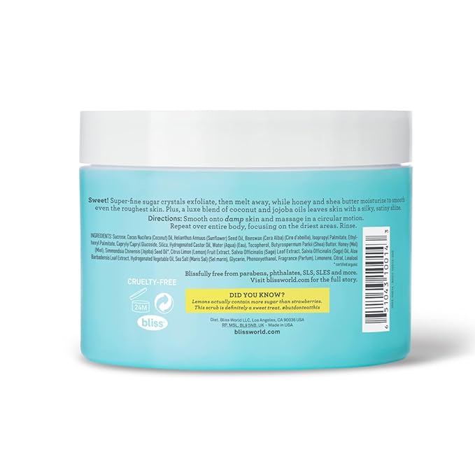 Bliss Satin-Skin Body Polish - Lemon and Sage - Body Scrub with Shea Butter and Coconut Oil - 8.5 Oz - Smoothing and Balancing Skincare - All Skin Types - Vegan & Cruelty-Free