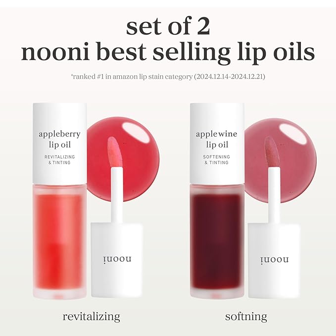 NOONI Korean Lip Oil Set - Appleberry & Applewine - Long-Lasting, Moisturizing, Revitalizing - Waterproof, No Peel Off, Stocking Stuffers (2EA, 0.12 fl oz)