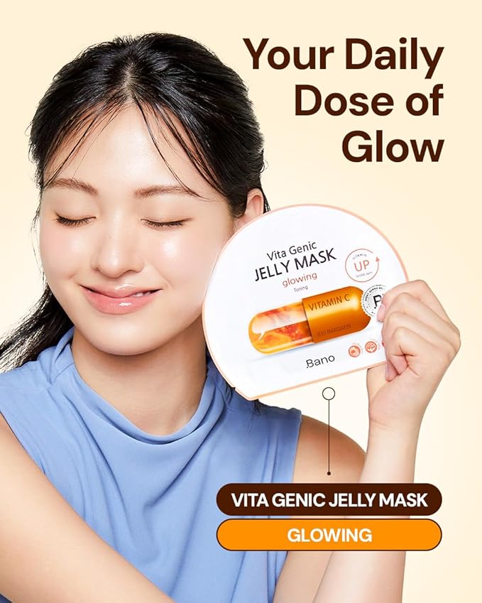 Bano Vita Genic Jelly Face Glowing Mask 10EA – Hydrating Sheet Mask for Sensitive Skin, Korean Glass Skin Care with Vitamin C, Biotin & Niacinamide, Fragrance-Free, Pack of 2