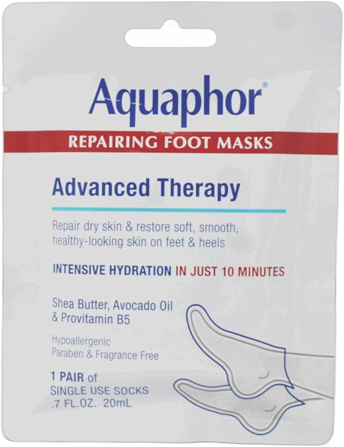 Aquaphor Repairing Foot Masks, Moisturizing Socks for Dry Feet, Hydrating Foot Care Treatment with Avocado Oil and Shea Butter, Pack of 6