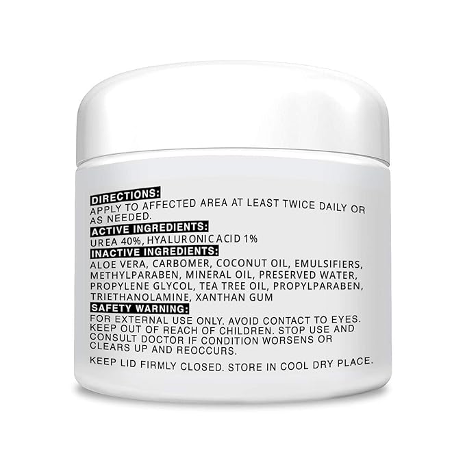 Urea 40% + 1% Hyaluronic Acid (4oz) | Softens Cracked Heels & Dry Skin Urea Cream 40 Percent for Feet Maximum Strength - Infused w/ Tea Tree & Coconut Oil | Callus & Corn Treatment | Made in USA