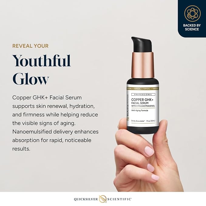 Quicksilver Scientific Copper GHK+ Facial Serum with Cycloastragenol - Copper Peptide Serum for Healthy Skin Support - Smooth Complexion & Glow - Gluten-Free, Vegan & Non-GMO - 1 fl oz