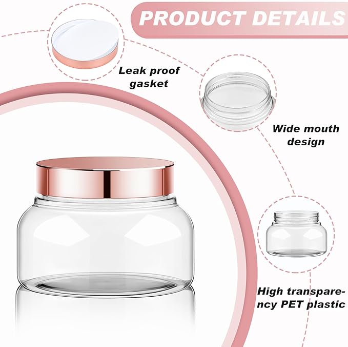 Tessco for you 24 Pack Plastic Jars with Lids Labels Multiuse Slime Containers Empty Body Scrub Jars Round Refillable Cosmetic Body Butter Container for Makeup (8 oz,Rose Gold)