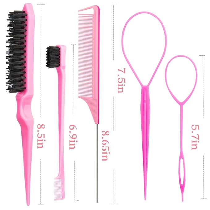 25Pcs Hair Styling Combs Set Include 10 Pcs Topsy Hair Tail Tools 5pcs Rat Tail Comb,5 Bristle Teasing Slick Back hair Brush,5 Edge Control Brush,Eyebrow Brush for Woman Girl Pink