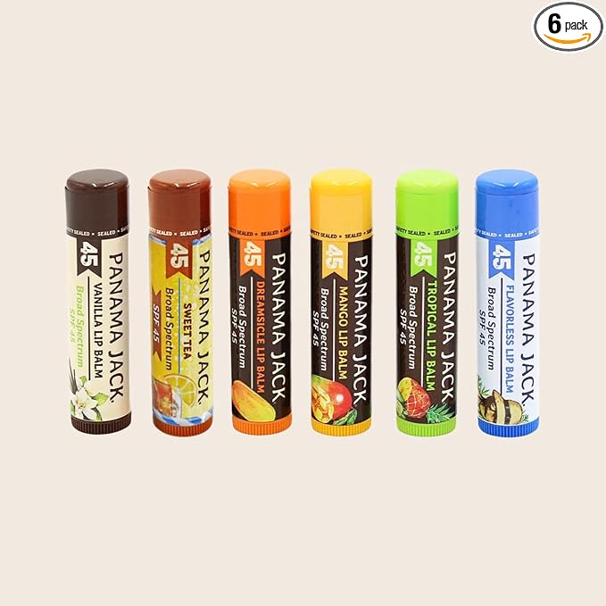 Panama Jack Sunscreen Lip Balm - SPF 45, Flavor Pack, Broad Spectrum UVA-UVB Sunscreen Protection, Prevents & Soothes Dry, Chapped Lips (6 Pack)