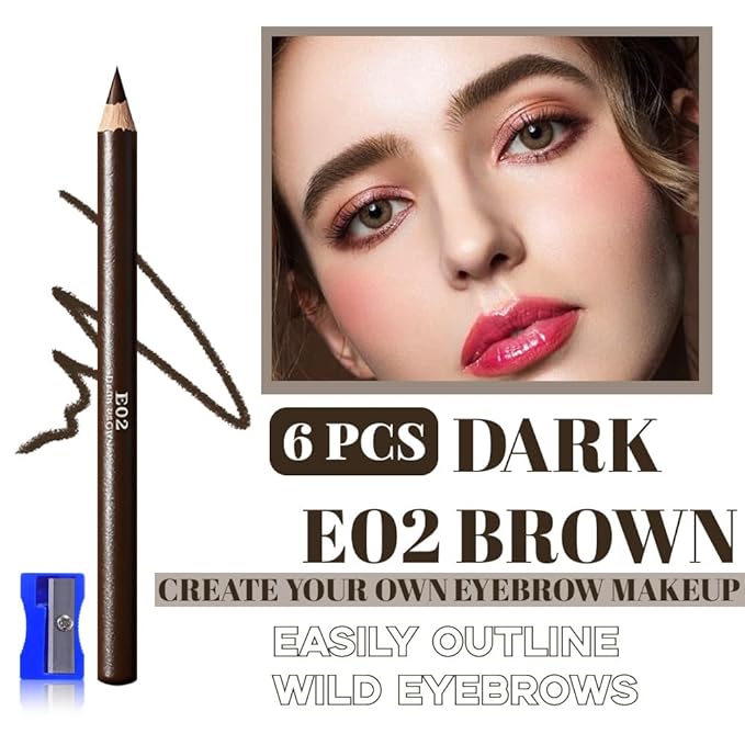 6Pcs Dark Brown Eyebrow Pencils for Women, Wooden Hard-Core Eyebrow and Eyeliner Pencil, Long Lasting Waterproof and Sweat-Proof, Beginner Makeup Brow Pencil With Pencil Sharpener (Dark Brown, 6Pcs)