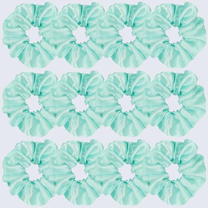 12 Pcs Satin Silk Scrunchies Soft Ties Fashion Bands Bow Ropes Elastic Bracelets Ponytail Holders Accessories for Women and Girls (4.5 Inch, Blue Green)