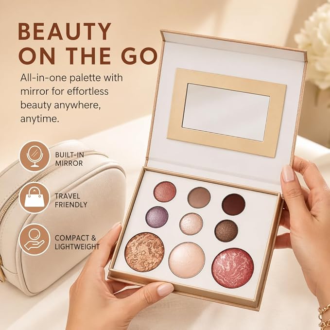 9 Colors Baked Makeup Palette, All in One Eyeshadow, Blush, Highlighter and Bronzer, Neutral Warm Tones, Natural Finish, Travel-Friendly Compact (White)