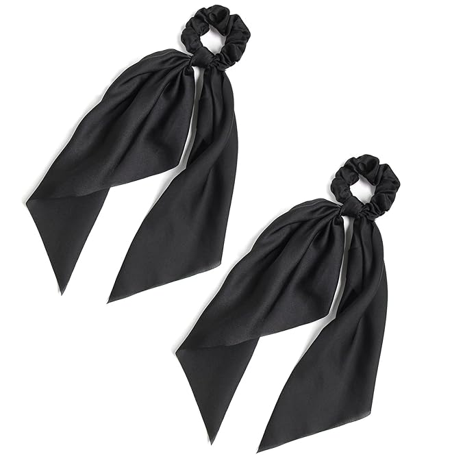 Pack of 2 Knotted Bow Hair Scrunchies Elastic Hair Scarf Black Hair Ties Bands Satin Hair Ribbon Scrunchy Red Ponytail Holder for Women and Girls (Black)
