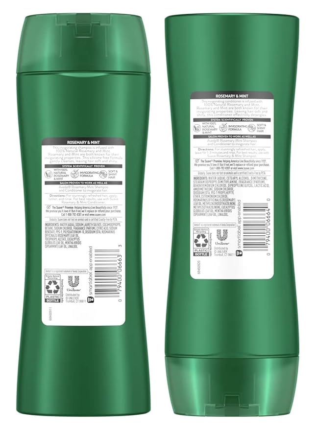 Suave Shampoo and Conditioner, Rosemary & Mint – Invigorating Formula with 100% Natural Essential Oils, 12.6 Oz Ea