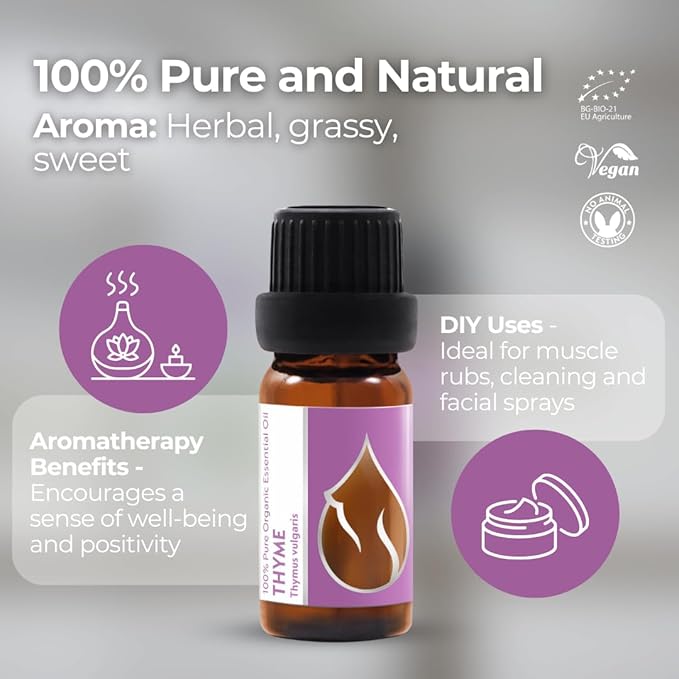 Essences Bulgaria Organic Thyme Essential Oil 1/6 Fl Oz | 5ml | Thymus vulgaris | 100% Pure and Natural | Undiluted | Therapeutic Grade | Family Owned Farm | Steam-Distilled | Non-GMO | Vegan