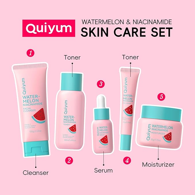 QUIYUM Watermelon Niacinamide Skin Care Set, Routine Beauty Skincare for Teens- Gift Set with Cleanser, Toner, Eye Cream, Cream, Serum, Facial Juicy Glow Up for Women, Girls, for All Skin Types (5PCS)